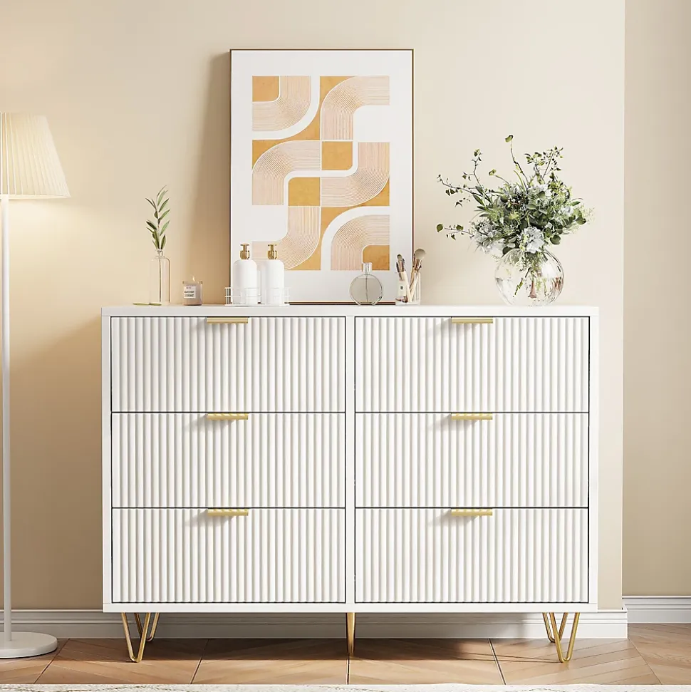Commode Blanche 6 Tiroirs, Meuble de Rangement, avec Pieds en Métal Doré, en Bois d'Ingénierie, pour Salon,100x40x75cm