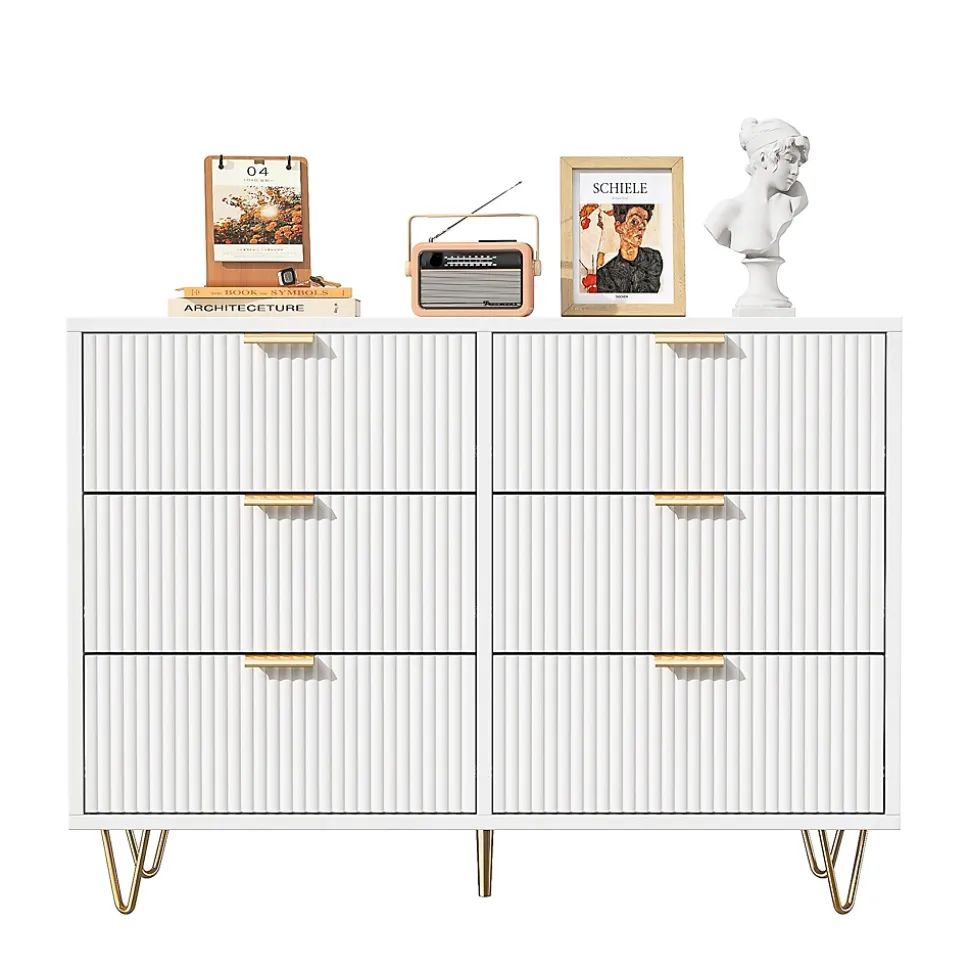 Commode Blanche 6 Tiroirs, Meuble de Rangement, avec Pieds en Métal Doré, en Bois d'Ingénierie, pour Salon,100x40x75cm
