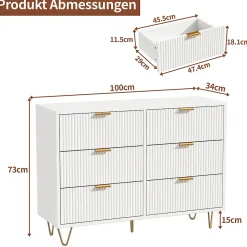 Commode Blanche 6 Tiroirs, Meuble de Rangement, avec Pieds en Métal Doré, en Bois d'Ingénierie, pour Salon,100x40x75cm