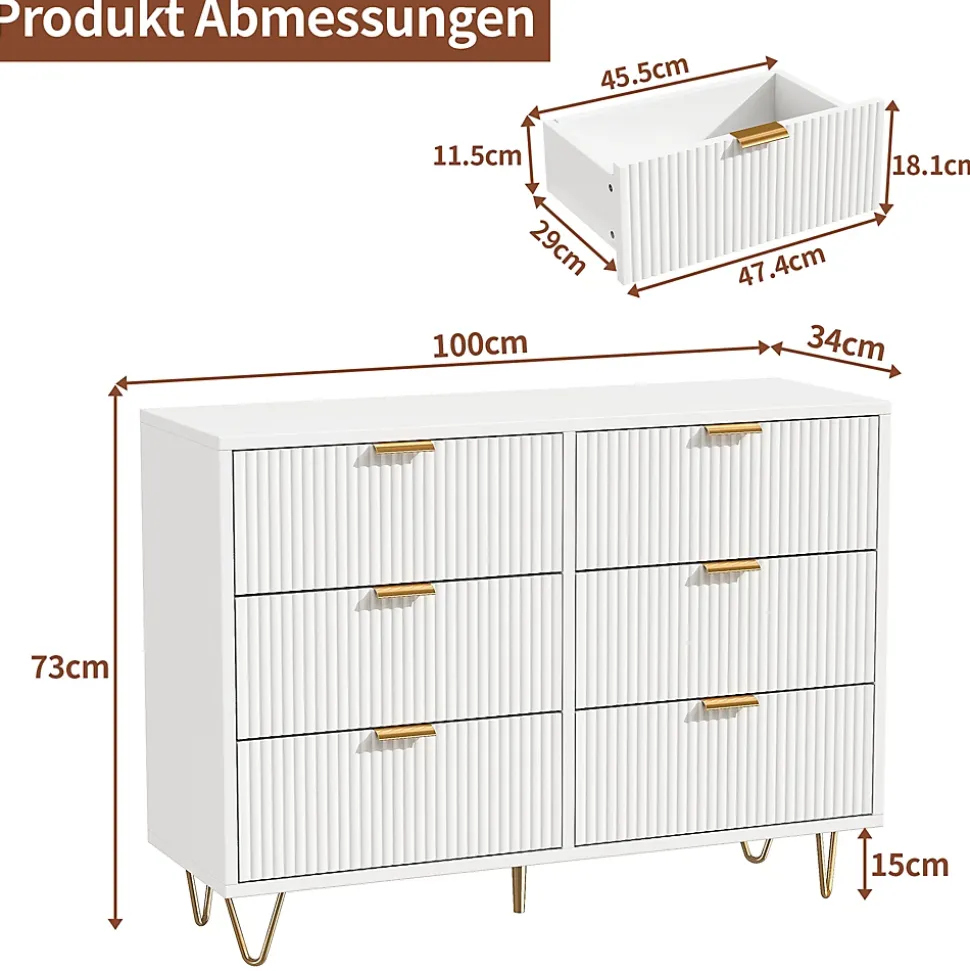 Commode Blanche 6 Tiroirs, Meuble de Rangement, avec Pieds en Métal Doré, en Bois d'Ingénierie, pour Salon,100x40x75cm