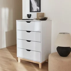 Commode blanche scandinave - Floki - chiffonnier avec pieds en bois de sapin. 4 tiroirs. 60x40x90cm