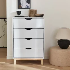 Commode blanche scandinave - Floki - chiffonnier avec pieds en bois de sapin. 4 tiroirs. 60x40x90cm