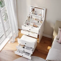 Commode Blanche SIRHONA L600xL450xH830mm Coiffeuse + Chaise + Miroir LED + Grand Rangement + Roulettes universelles