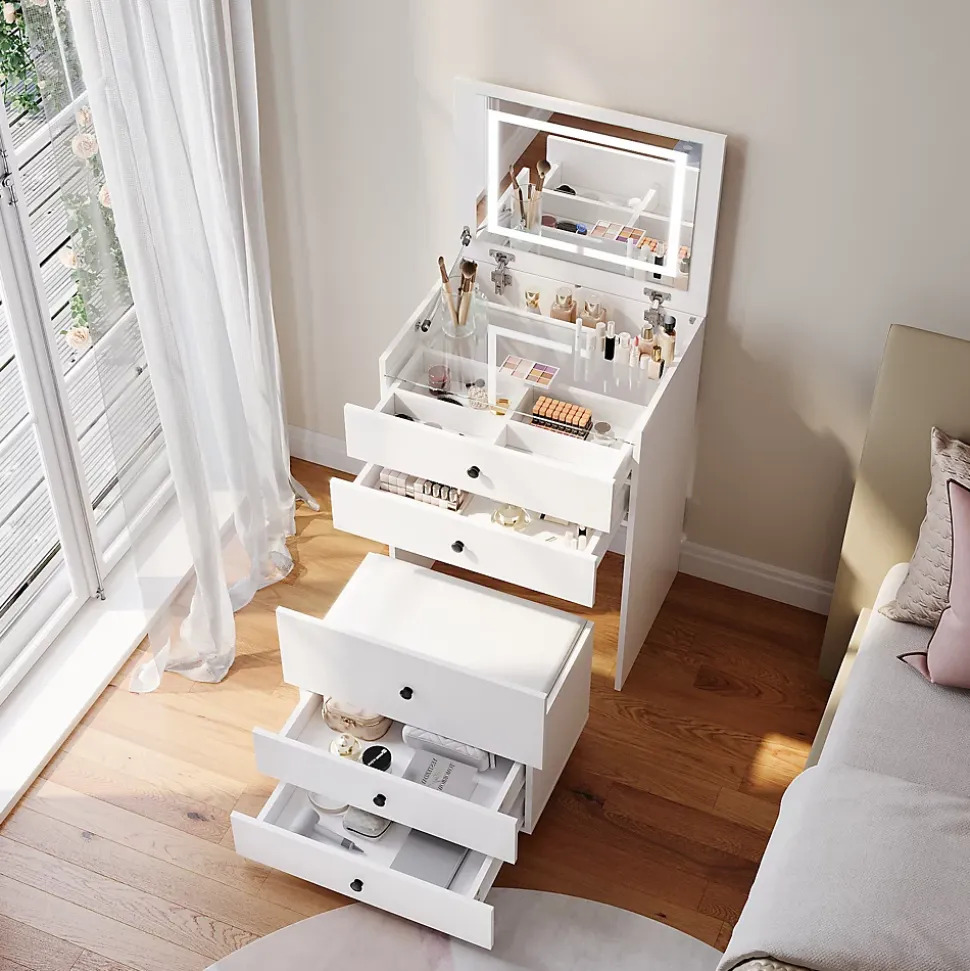 Commode Blanche SIRHONA L600xL450xH830mm Coiffeuse + Chaise + Miroir LED + Grand Rangement + Roulettes universelles