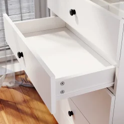 Commode Blanche SIRHONA L600xL450xH830mm Coiffeuse + Chaise + Miroir LED + Grand Rangement + Roulettes universelles