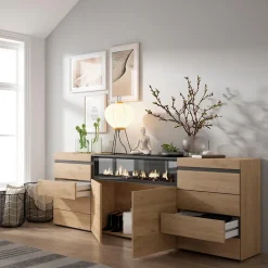 Commode buffet armoire 214x35x75cm feu led sans chaleur chêne