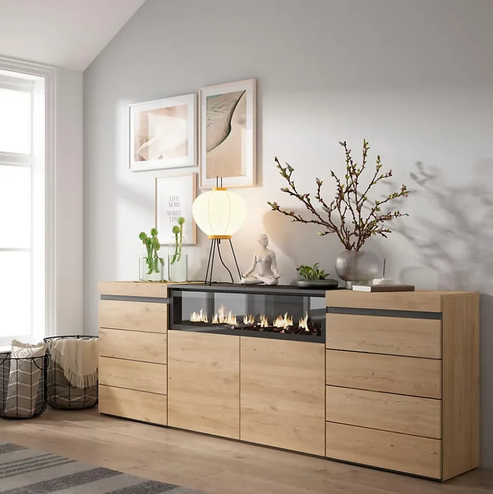 Commode buffet armoire 214x35x75cm feu led sans chaleur chêne