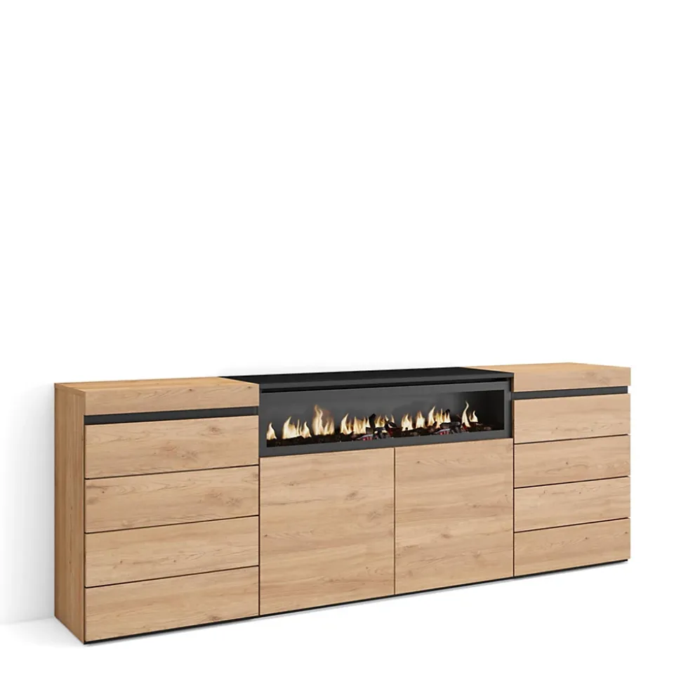 Commode buffet armoire 214x35x75cm feu led sans chaleur chêne