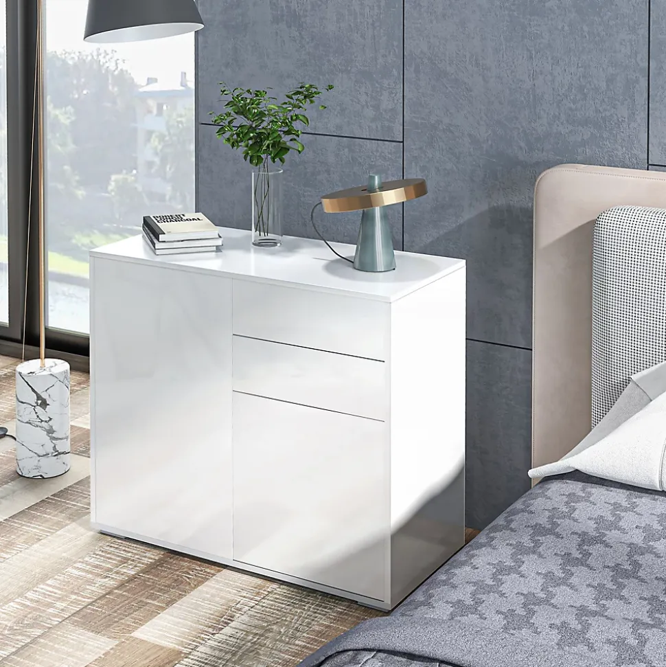 Commode buffet meuble de rangement 2 tiroirs 2 portes avec étagère 79 x 36 x 74 cm blanc laqué