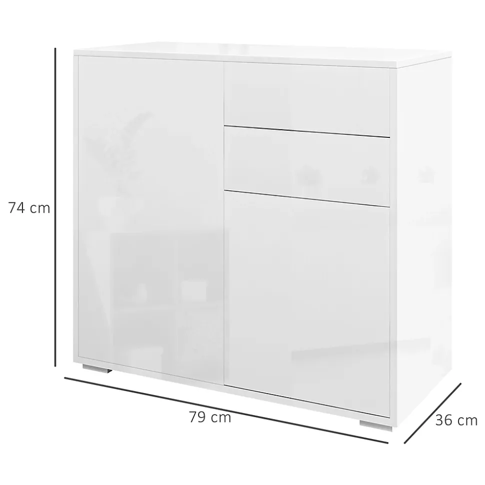 Commode buffet meuble de rangement 2 tiroirs 2 portes avec étagère 79 x 36 x 74 cm blanc laqué