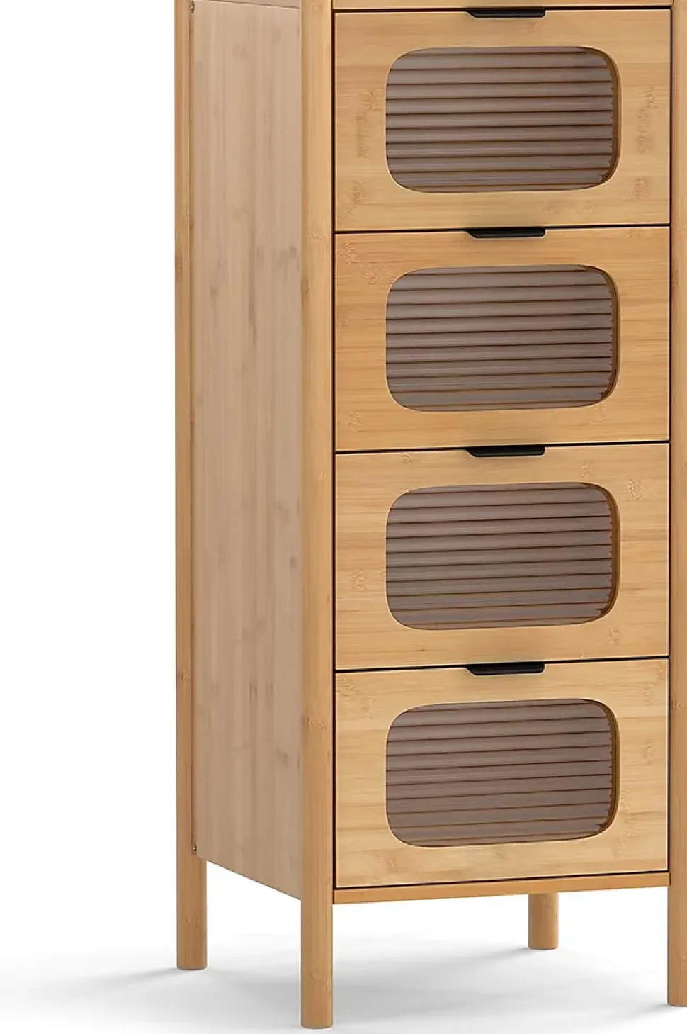 Commode Chambre à 4 Tiroirs, Tiroirs en Verre Trempé Cannelé et Poignées en Métal Noir, Commode en Bambou Naturel