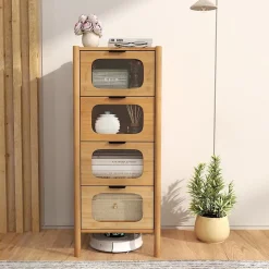 Commode Chambre à 4 Tiroirs, Tiroirs en Verre Trempé Cannelé et Poignées en Métal Noir, Commode en Bambou Naturel
