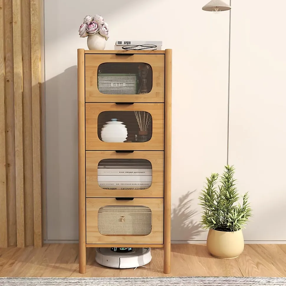 Commode Chambre à 4 Tiroirs, Tiroirs en Verre Trempé Cannelé et Poignées en Métal Noir, Commode en Bambou Naturel