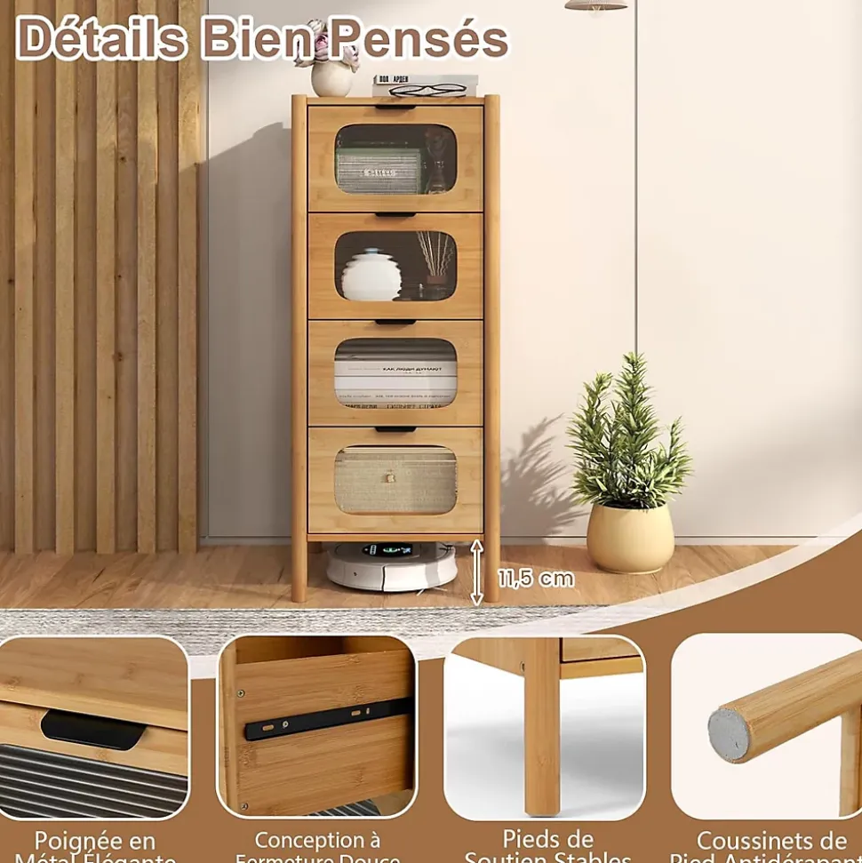 Commode Chambre à 4 Tiroirs, Tiroirs en Verre Trempé Cannelé et Poignées en Métal Noir, Commode en Bambou Naturel