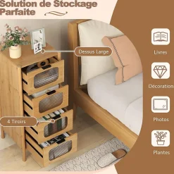 Commode Chambre à 4 Tiroirs, Tiroirs en Verre Trempé Cannelé et Poignées en Métal Noir, Commode en Bambou Naturel