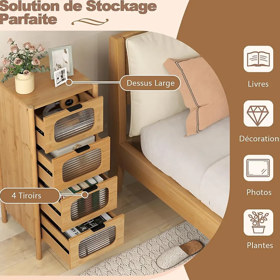 Commode Chambre à 4 Tiroirs, Tiroirs en Verre Trempé Cannelé et Poignées en Métal Noir, Commode en Bambou Naturel