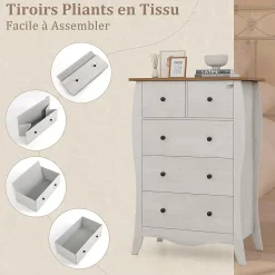 Commode Chambre à Troirs Meuble Rangement Salon avec Tiroirs en Tissu Dessus Spacieux et Kit Anti basculement 5 Tiroirs Gris
