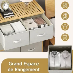 Commode Chambre en Tissu à 3 Niveaux, 66 x 35 x 78,5CM, Commode avec 6 Tiroirs Pliables, avec Dessus en Bambou à Lattes