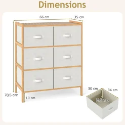 Commode Chambre en Tissu à 3 Niveaux, 66 x 35 x 78,5CM, Commode avec 6 Tiroirs Pliables, avec Dessus en Bambou à Lattes