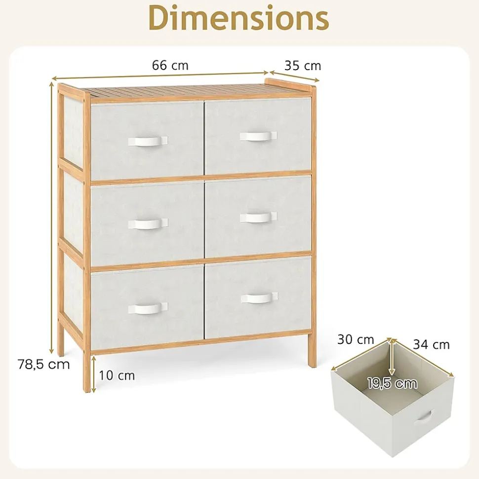 Commode Chambre en Tissu à 3 Niveaux, 66 x 35 x 78,5CM, Commode avec 6 Tiroirs Pliables, avec Dessus en Bambou à Lattes