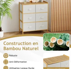 Commode Chambre en Tissu à 3 Niveaux, 66 x 35 x 78,5CM, Commode avec 6 Tiroirs Pliables, avec Dessus en Bambou à Lattes