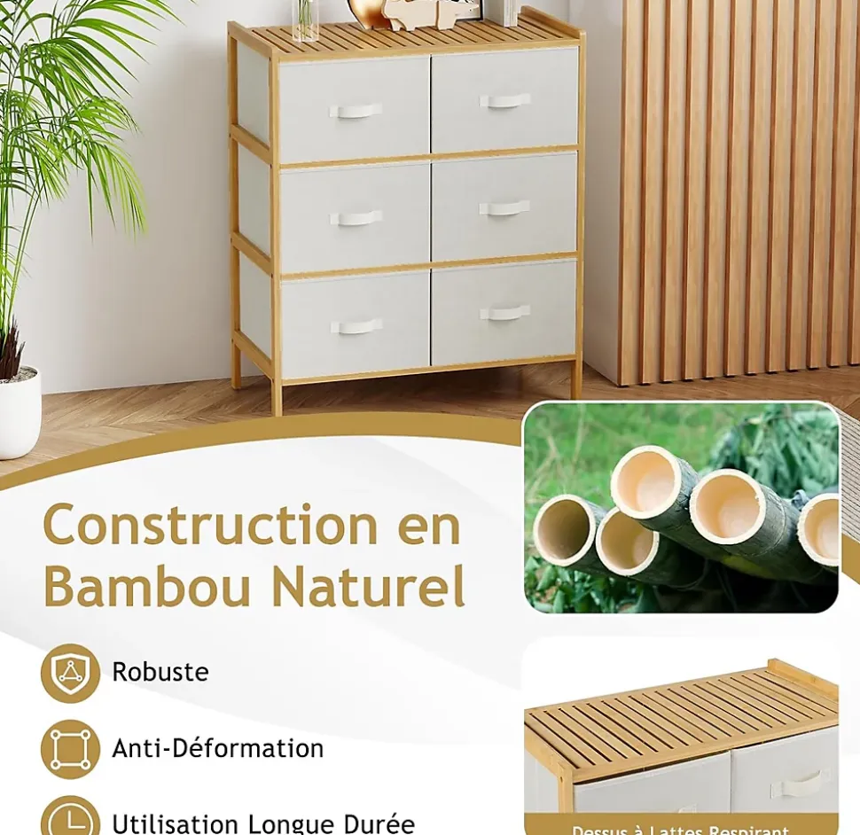Commode Chambre en Tissu à 3 Niveaux, 66 x 35 x 78,5CM, Commode avec 6 Tiroirs Pliables, avec Dessus en Bambou à Lattes