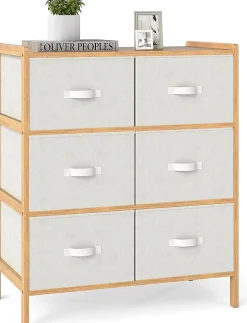 Commode Chambre en Tissu à 3 Niveaux, 66 x 35 x 78,5CM, Commode avec 6 Tiroirs Pliables, avec Dessus en Bambou à Lattes