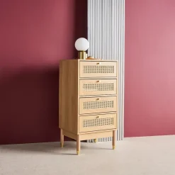 Commode chiffonnier décor bois et cannage 4 tiroirs teinte naturelle - 50 x 40 x 96 cm - Judith