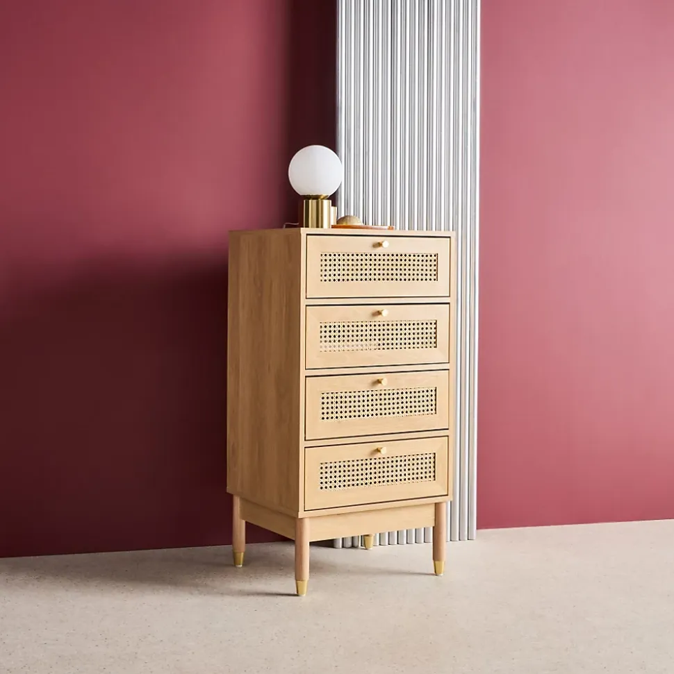 Commode chiffonnier décor bois et cannage 4 tiroirs teinte naturelle - 50 x 40 x 96 cm - Judith