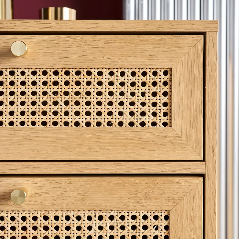 Commode chiffonnier décor bois et cannage 4 tiroirs teinte naturelle - 50 x 40 x 96 cm - Judith