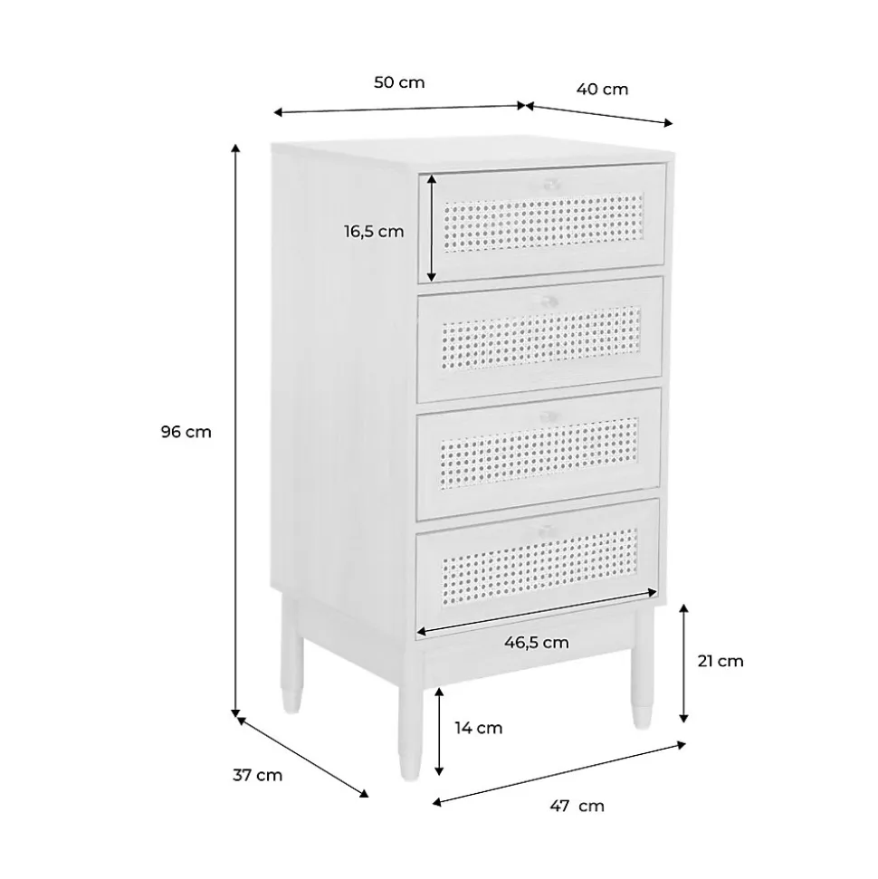 Commode chiffonnier décor bois et cannage 4 tiroirs teinte naturelle - 50 x 40 x 96 cm - Judith