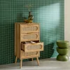 Commode chiffonnier effet bois et cannage 4 tiroirs naturel. poignée en métal doré - L 48 x P 39.5 x H 96 cm - Eva