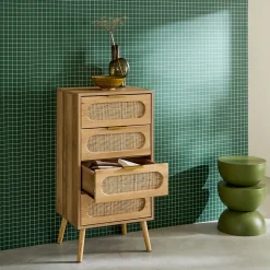 Commode chiffonnier effet bois et cannage 4 tiroirs naturel. poignée en métal doré - L 48 x P 39.5 x H 96 cm - Eva