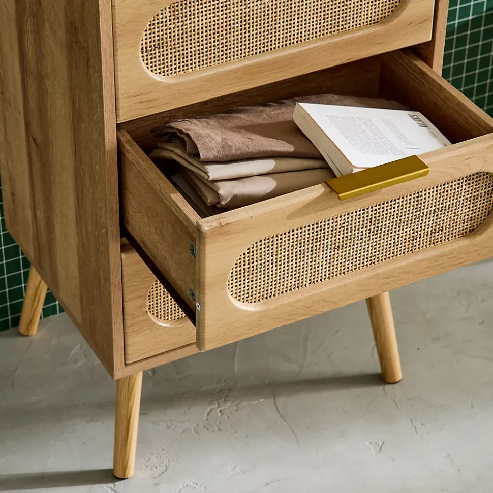 Commode chiffonnier effet bois et cannage 4 tiroirs naturel. poignée en métal doré - L 48 x P 39.5 x H 96 cm - Eva