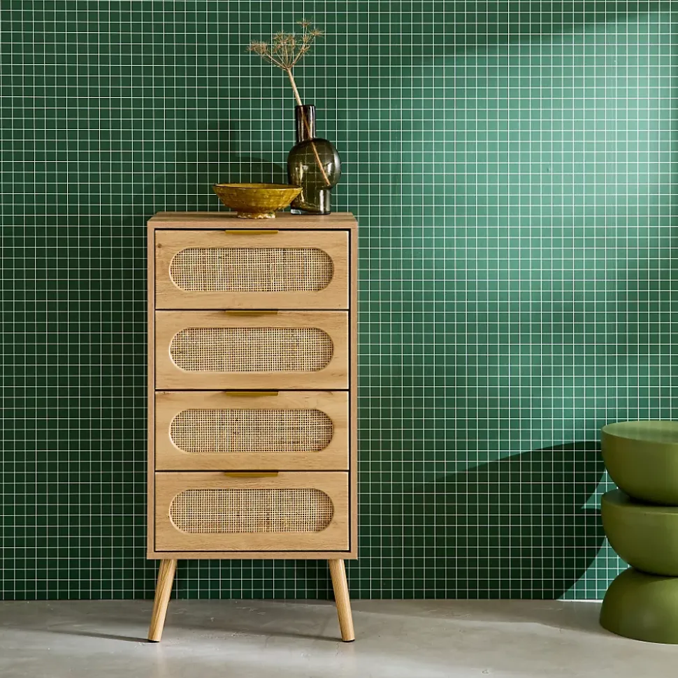 Commode chiffonnier effet bois et cannage 4 tiroirs naturel. poignée en métal doré - L 48 x P 39.5 x H 96 cm - Eva