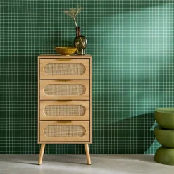 Commode chiffonnier effet bois et cannage 4 tiroirs naturel. poignée en métal doré - L 48 x P 39.5 x H 96 cm - Eva