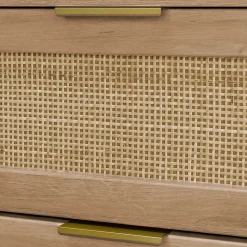 Commode chiffonnier effet bois et cannage 4 tiroirs naturel. poignée en métal doré - L 48 x P 39.5 x H 96 cm - Eva