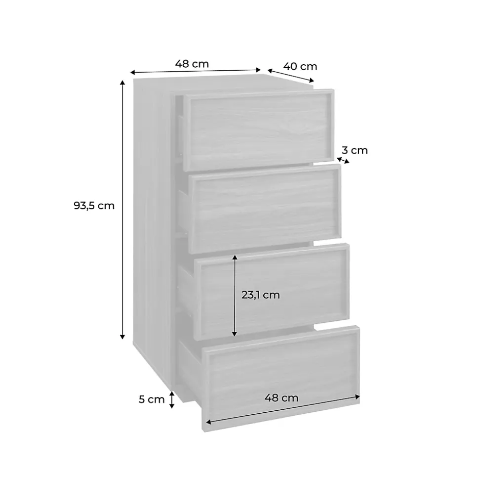 Commode chiffonnier noyer 4 tiroirs effet bois - L 48 x P 43 x H 98.5cm - Kuba