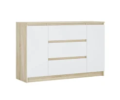 Commode, chêne sonoma, blanc mat, 120 x 39 x 78 cm, 2 portes, 3 tiroirs