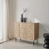 Commode contemporaine décor bois rainuré 3 tiroirs poignées métal noir