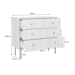 Commode contemporaine décor bois rainuré 3 tiroirs poignées métal noir