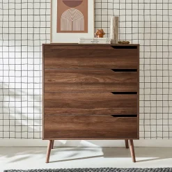 Commode décor bois de noyer. 4 tiroirs. pieds en pin massif
