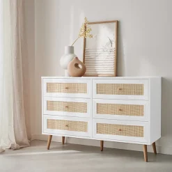 Commode décor bois et cannage 6 tiroirs Bohème. blanc - 120x39x79cm