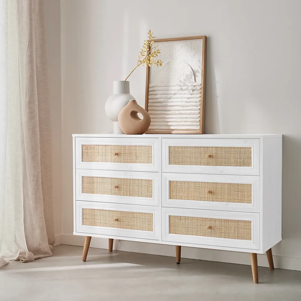 Commode décor bois et cannage 6 tiroirs Bohème. blanc - 120x39x79cm