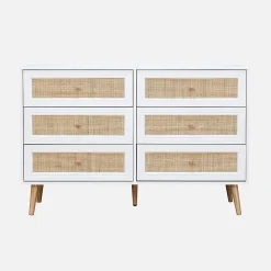 Commode décor bois et cannage 6 tiroirs Bohème. blanc - 120x39x79cm