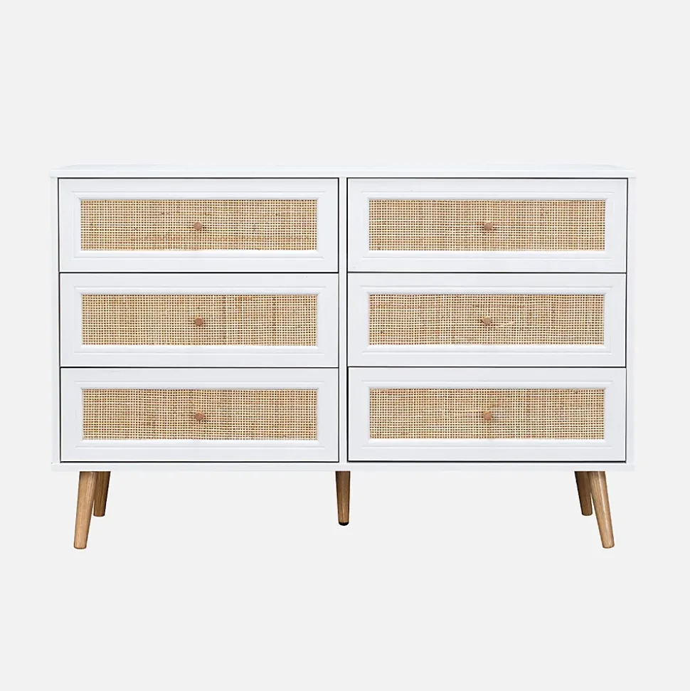 Commode décor bois et cannage 6 tiroirs Bohème. blanc - 120x39x79cm