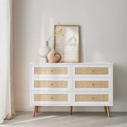 Commode décor bois et cannage 6 tiroirs Bohème. blanc - 120x39x79cm