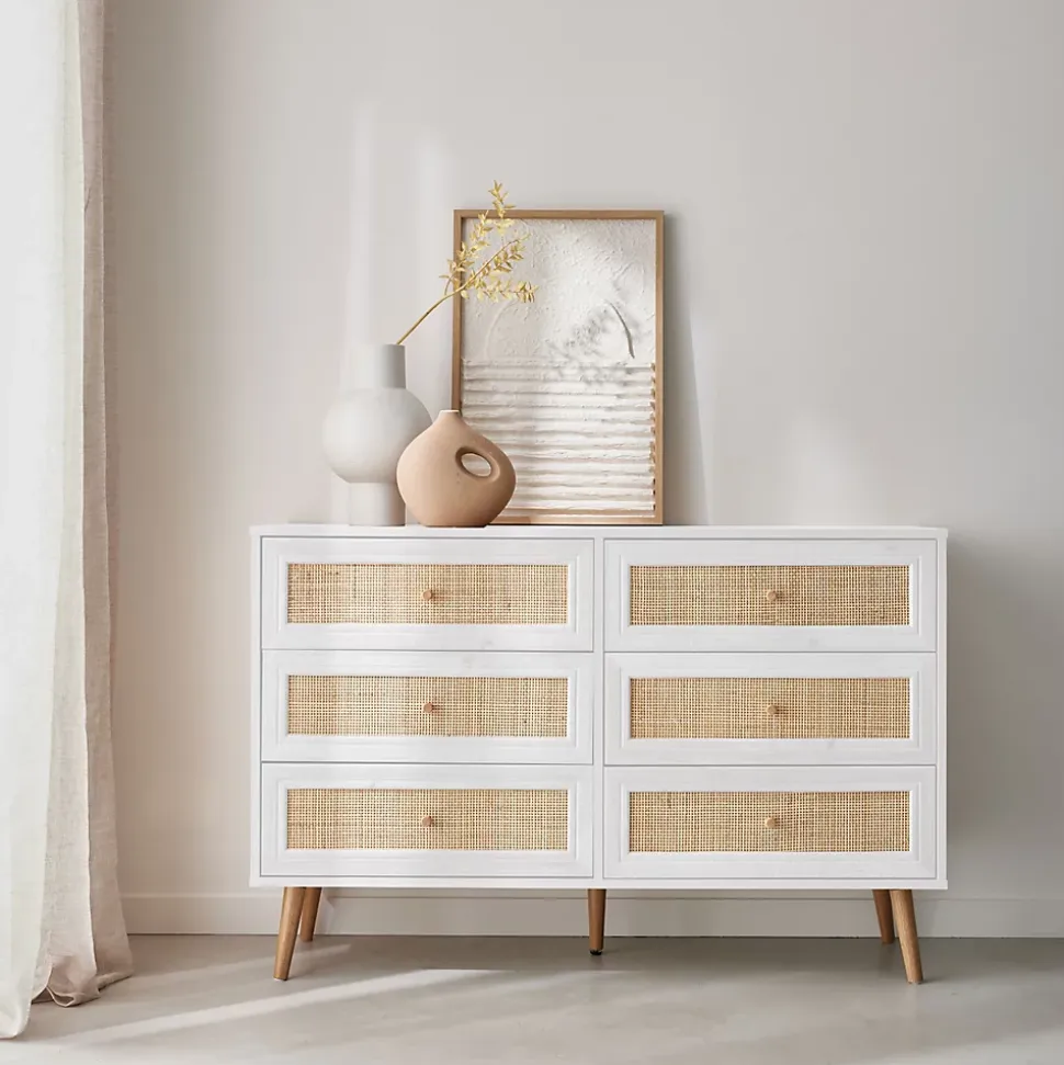 Commode décor bois et cannage 6 tiroirs Bohème. blanc - 120x39x79cm