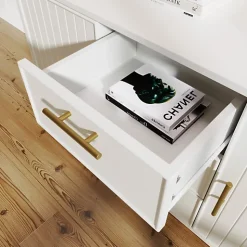 Commode décorée de rayures verticales - 3 tiroirs et 2 portes avec étagères réglables - Blanc