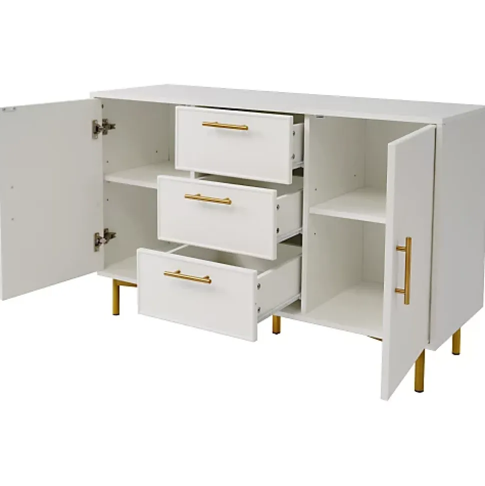 Commode décorée de rayures verticales - 3 tiroirs et 2 portes avec étagères réglables - Blanc